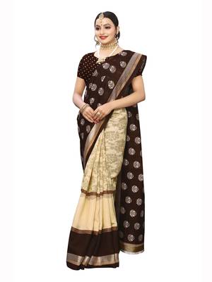 Brown Printed Bhagalpuri Silk Saree With Blouse 4