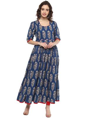 Royal-blue printed cotton long-kurtis 1