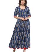 Royal-blue printed cotton long-kurtis