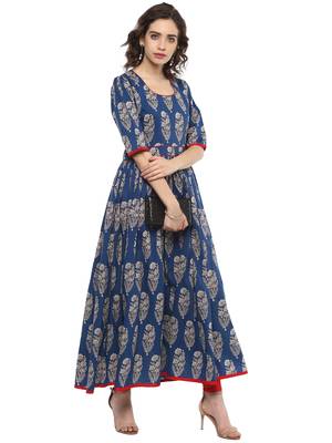 Royal-blue printed cotton long-kurtis 2