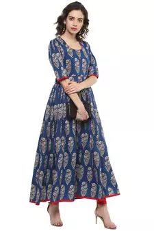 Royal-blue printed cotton long-kurtis