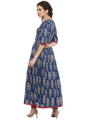 Royal-blue printed cotton long-kurtis 3