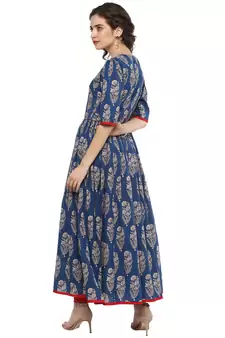 Royal-blue printed cotton long-kurtis