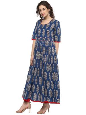 Royal-blue printed cotton long-kurtis 4