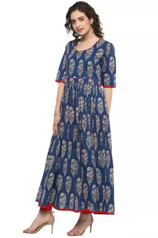 Royal-blue printed cotton long-kurtis