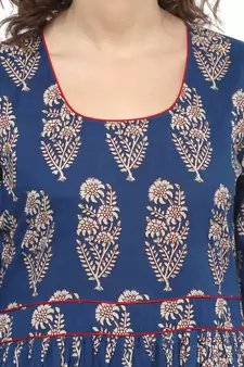 Royal-blue printed cotton long-kurtis