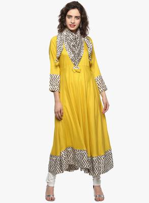 Yellow plain viscose rayon long-kurtis 1