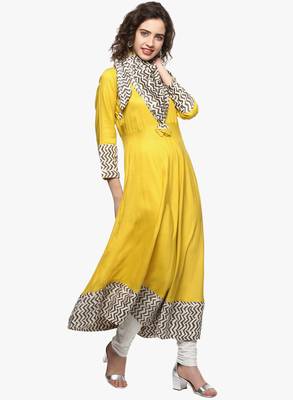 Yellow plain viscose rayon long-kurtis 2
