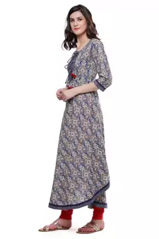 Blue printed cotton long-kurtis