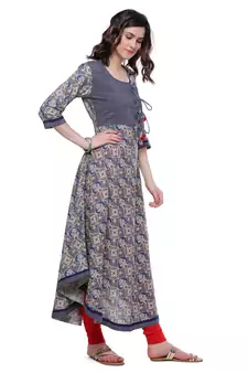 Blue printed cotton long-kurtis