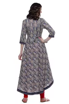Blue printed cotton long-kurtis