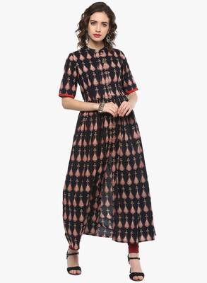 Black printed cotton long-kurtis 1