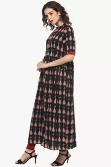 Black printed cotton long-kurtis