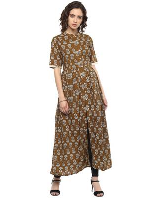 Brown printed cotton long-kurtis 1