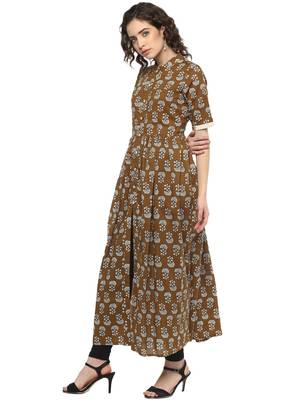 Brown printed cotton long-kurtis 2