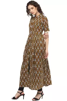 Brown printed cotton long-kurtis