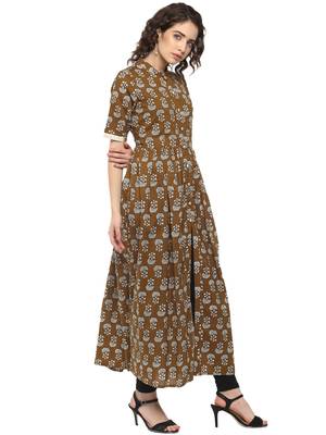 Brown printed cotton long-kurtis 3