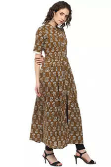 Brown printed cotton long-kurtis
