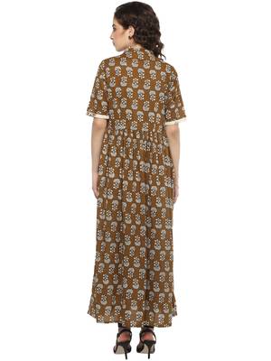 Brown printed cotton long-kurtis 4