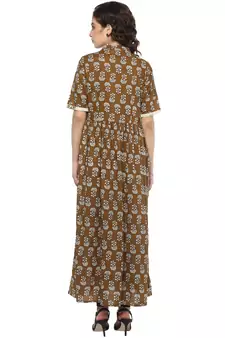 Brown printed cotton long-kurtis