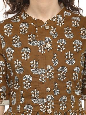 Brown printed cotton long-kurtis 5