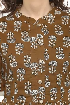 Brown printed cotton long-kurtis