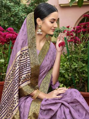 Pink printed chanderi silk saree with blouse 2