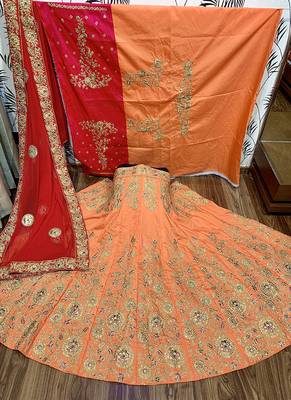 Orange Embroidered Satin Semi Stitched Lehenga 1