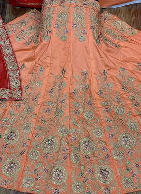 Orange Embroidered Satin Semi Stitched Lehenga 2