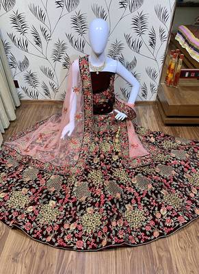 Maroon Embroidered Velvet Semi Stitched Lehenga 1