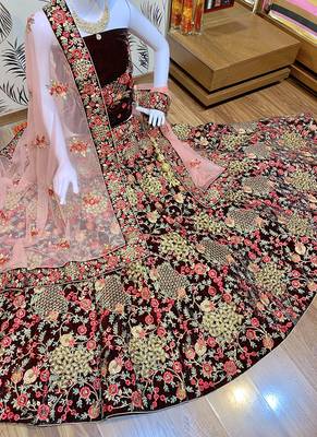 Maroon Embroidered Velvet Semi Stitched Lehenga 2