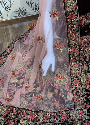 Maroon Embroidered Velvet Semi Stitched Lehenga 4