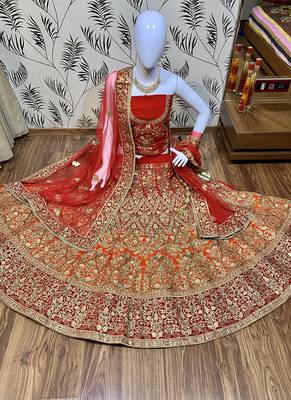 Orange Embroidered Satin Semi Stitched Lehenga 1