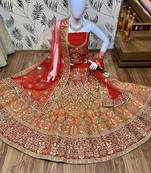 Orange Embroidered Satin Semi Stitched Lehenga