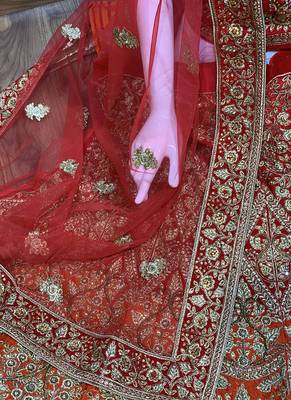 Orange Embroidered Satin Semi Stitched Lehenga 3