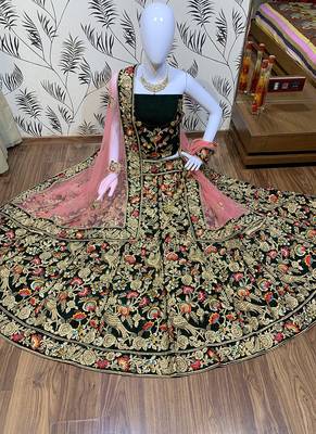 Green Embroidered Velvet Semi Stitched Lehenga 1
