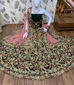 Green Embroidered Velvet Semi Stitched Lehenga