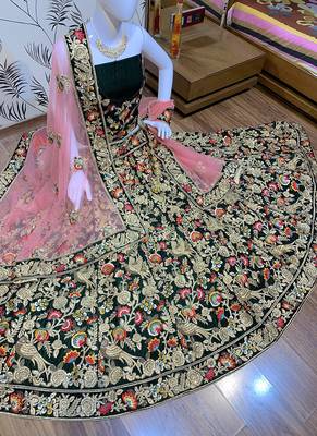 Green Embroidered Velvet Semi Stitched Lehenga 2