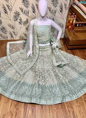 Light-Green Embroidered Net Semi Stitched Lehenga 1