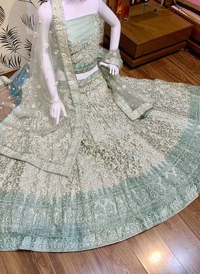 Light-Green Embroidered Net Semi Stitched Lehenga 2