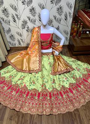 Light-Green Embroidered Silk Semi Stitched Lehenga 1
