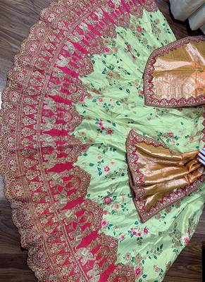 Light-Green Embroidered Silk Semi Stitched Lehenga 2