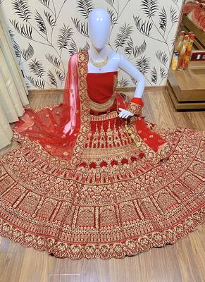 Red Embroidered Velvet Semi Stitched Lehenga 1
