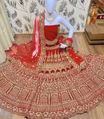 Red Embroidered Velvet Semi Stitched Lehenga