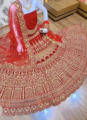 Red Embroidered Velvet Semi Stitched Lehenga 2