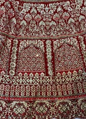 Red Embroidered Velvet Semi Stitched Lehenga 3