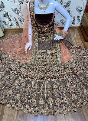 Violet Embroidered Velvet Semi Stitched Lehenga 1
