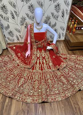Red Embroidered Velvet Semi Stitched Lehenga 1