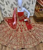 Red Embroidered Velvet Semi Stitched Lehenga