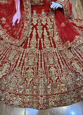 Red Embroidered Velvet Semi Stitched Lehenga 2